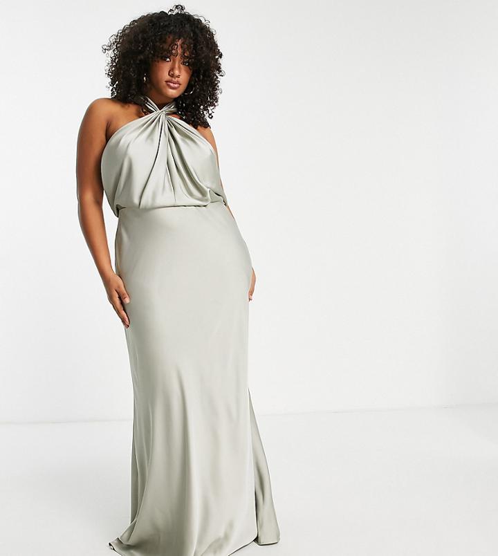 Asos Edition Curve Satin Ruched Halter Neck Maxi Dress In Sage Green