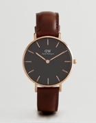 Daniel Wellington Dw00100165 Black Petite Bristol Leather Watch In Brown 32mm - Brown