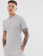 Asos Design Muscle Fit Knitted Ribbed Polo In Gray With Tipping