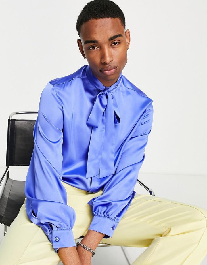 Asos Design Satin Shirt With Tie Neck And Blouson Volume Sleeve In Recycled Polyester In Blue