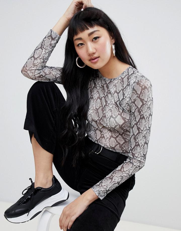 Monki Snake Print Mesh Top In Gray - Gray