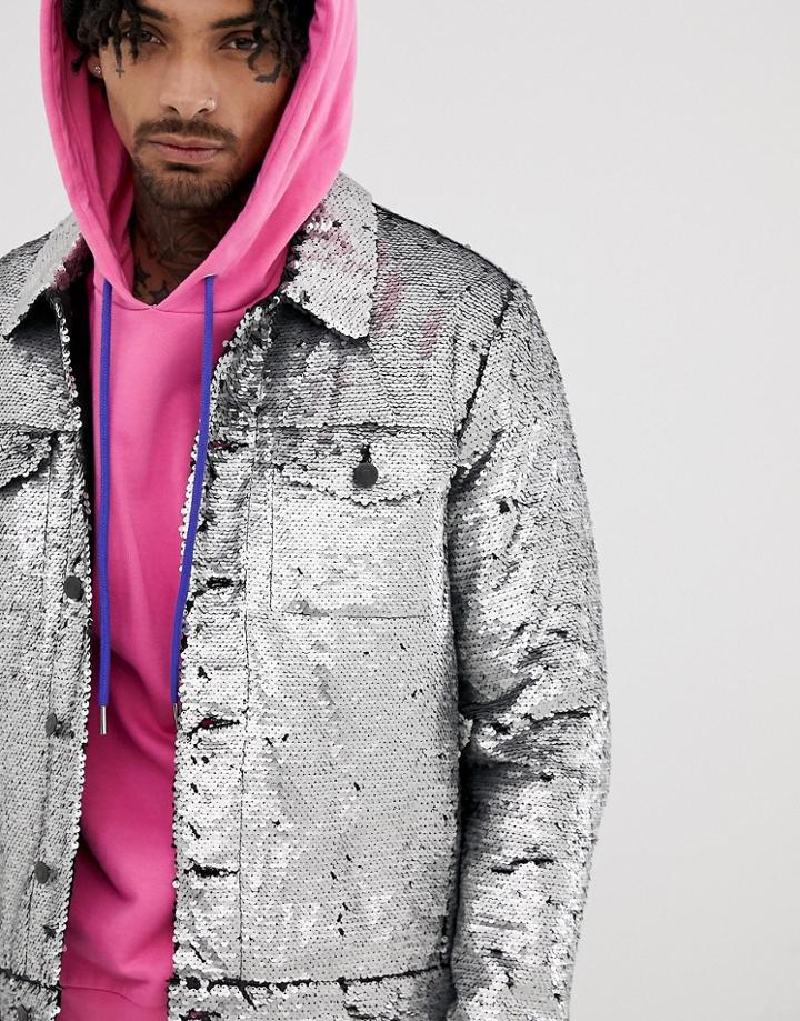 Asos Design Festival Western Sequin Jacket In Silver - Silver