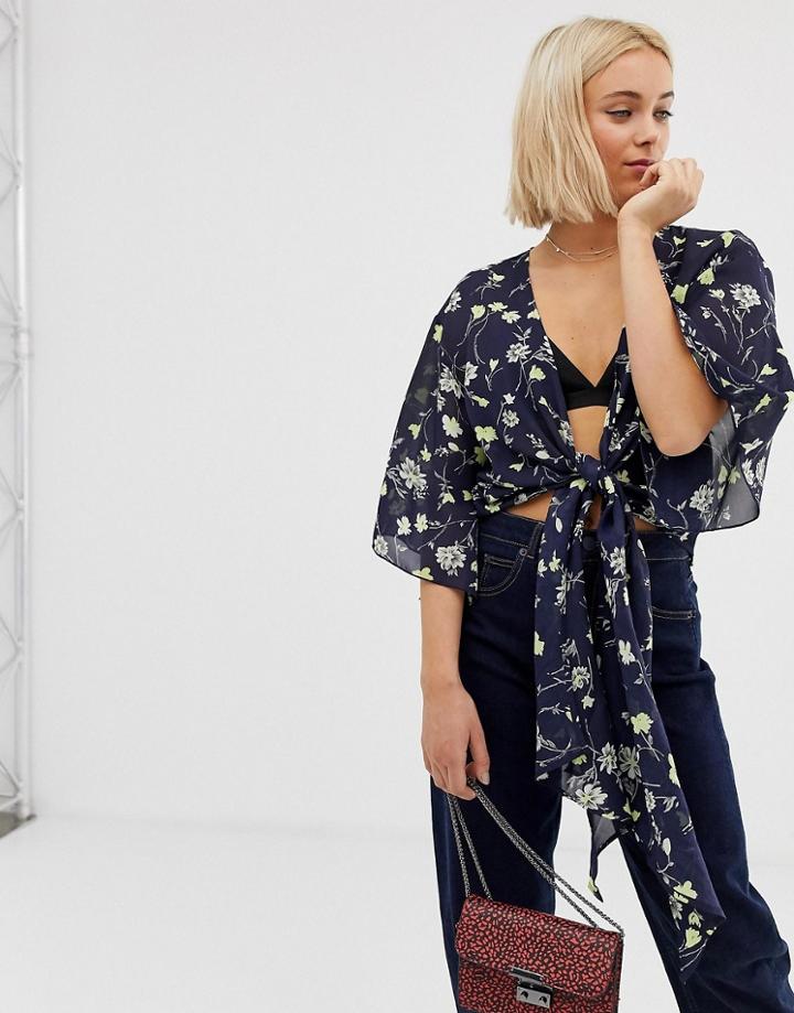 Qed London Angel Sleeve Tie Front Top In Navy Floral Print - Multi