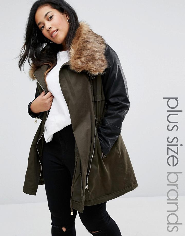 New Look Plus Faux Fur Collar Parka - Green