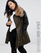 New Look Plus Faux Fur Collar Parka - Green