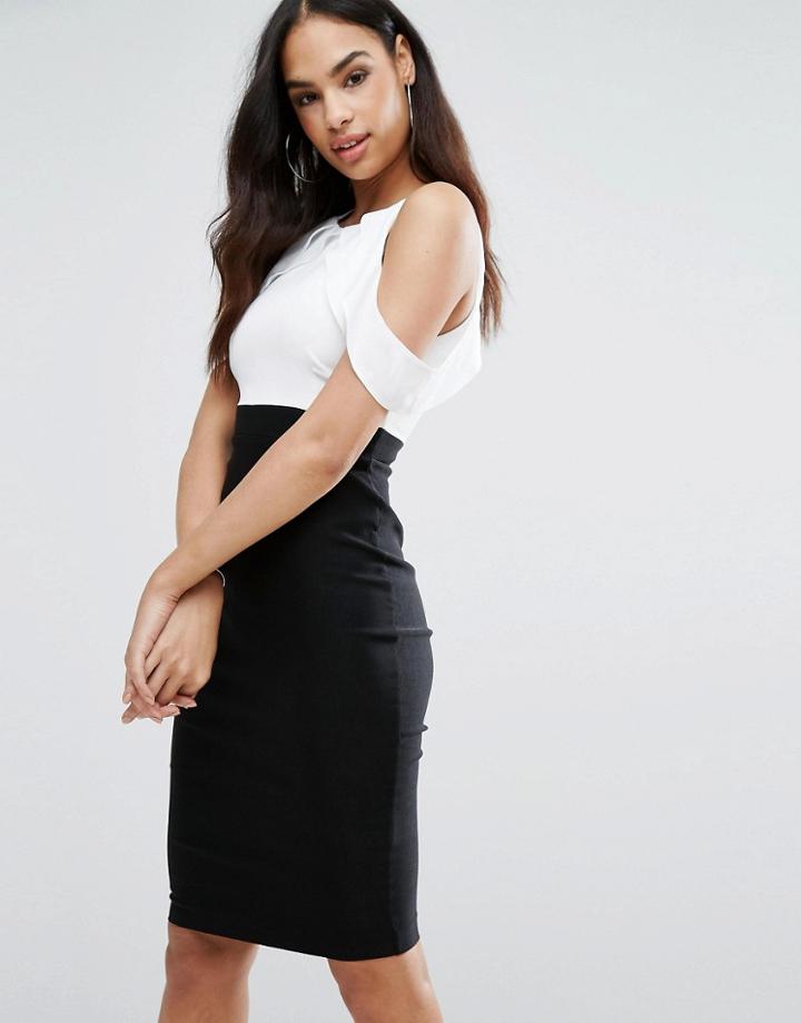 Vesper Contrast Pencil Dress With Cold Shoulder - Multi