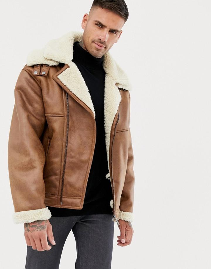 River Island Fleece Lined Biker Jacket In Tan - Tan