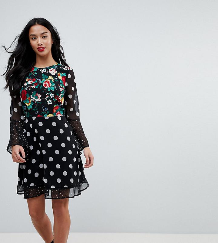 Asos Petite Mix Print Tea Dress With Long Fluted Sleeve - Multi