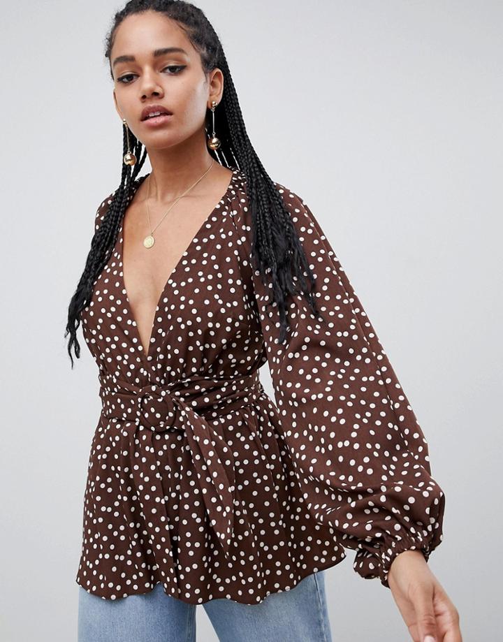 Asos Design Long Sleeve Plunge Top With Kimono Sleeve And Belt In Polka Dot-multi