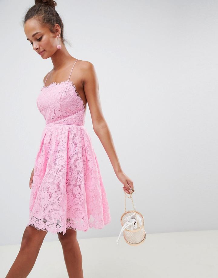 Asos Design Square Neck Mini Lace Prom Dress-pink