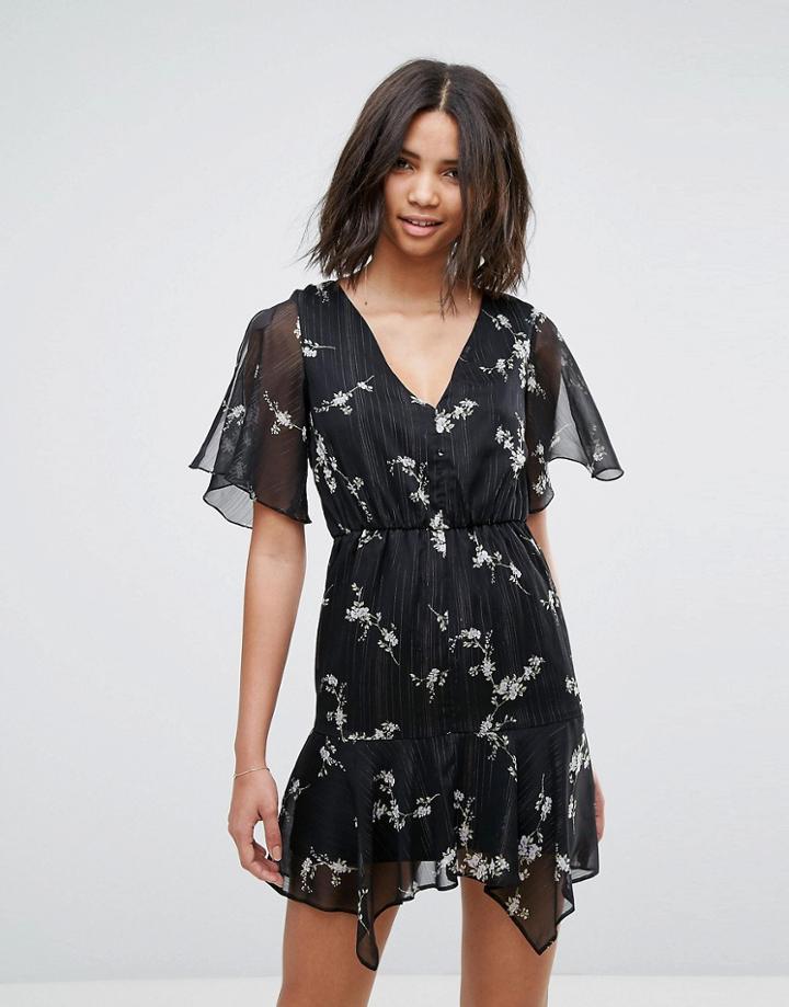Miss Selfridge Floral V Neck Tea Dress - Silver