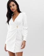 Club L Crepe Wrap Front Button Detail Dress-white