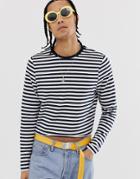 Asos Design Long Sleeve Stripe Cropped T-shirt - Navy