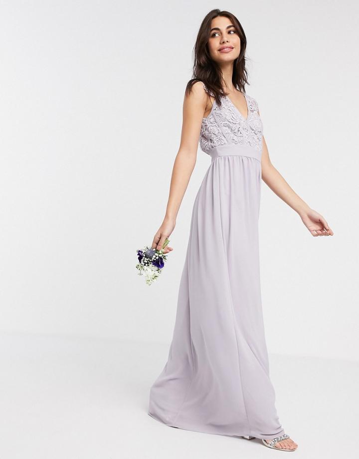 Tfnc Bridesmaid Lace Plunge Maxi Dress With Scalloped Back In Gray-grey