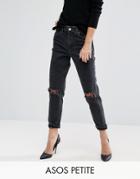 Asos Petite Farleigh Slim Mom Jeans In Washed Black With Busted Knees