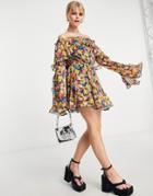 Topshop Frill Ruffle Bardot Mini Dress In Bright Floral-pink