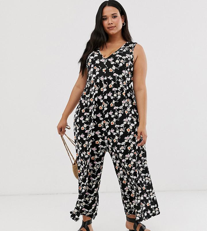 Asos Design Curve Curved Smock Jumpsuit In Grunge Floral Print - Multi