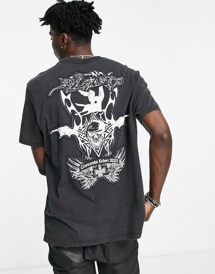 Allsaints Patched T-shirt With Back Print In Black
