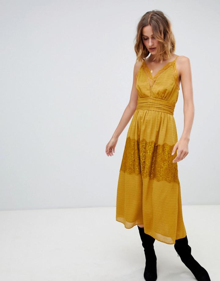 Moon River Spaghetti Strap Lace Trim Long Dress - Yellow