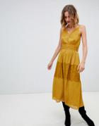 Moon River Spaghetti Strap Lace Trim Long Dress - Yellow