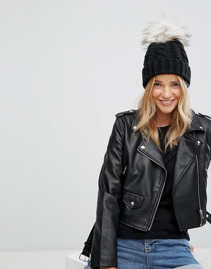 New Look Cable Knit Pom Bobble Hat - Black