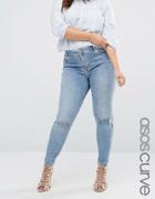 Asos Curve Lisbon Midrise Skinny Jeans In Shelby Light Stonewash With Shredded Knees - Blue