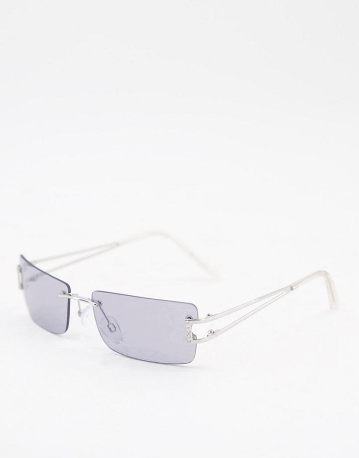 Asos Design Rimless 90s Square Sunglasses With Diamante Side Cut Out Detail In Silver
