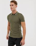 New Look Muscle Fit Tipped Polo In Khaki-green