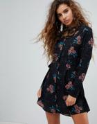 Fashion Union High Neck Dress With Tie Waist In Vintage Floral - Multi