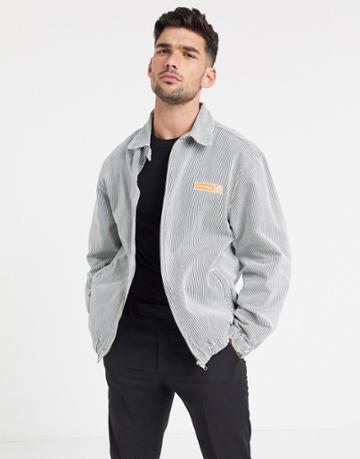 Asos Day Social Denim Harrington Jacket In White Pinstripe