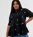 Asos Design Curve Smock Top With Floral Embroidery-black