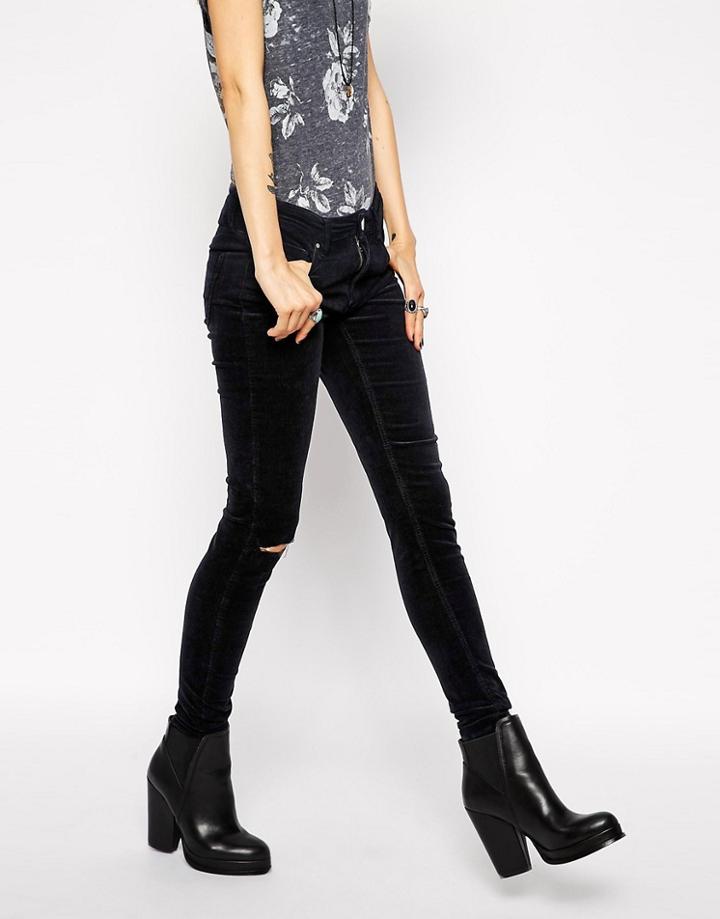 Asos Mid Rise Skinny Jeans In Washed Black Cord With Ripped Knee - Black