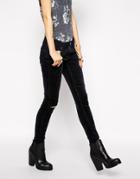 Asos Mid Rise Skinny Jeans In Washed Black Cord With Ripped Knee - Black
