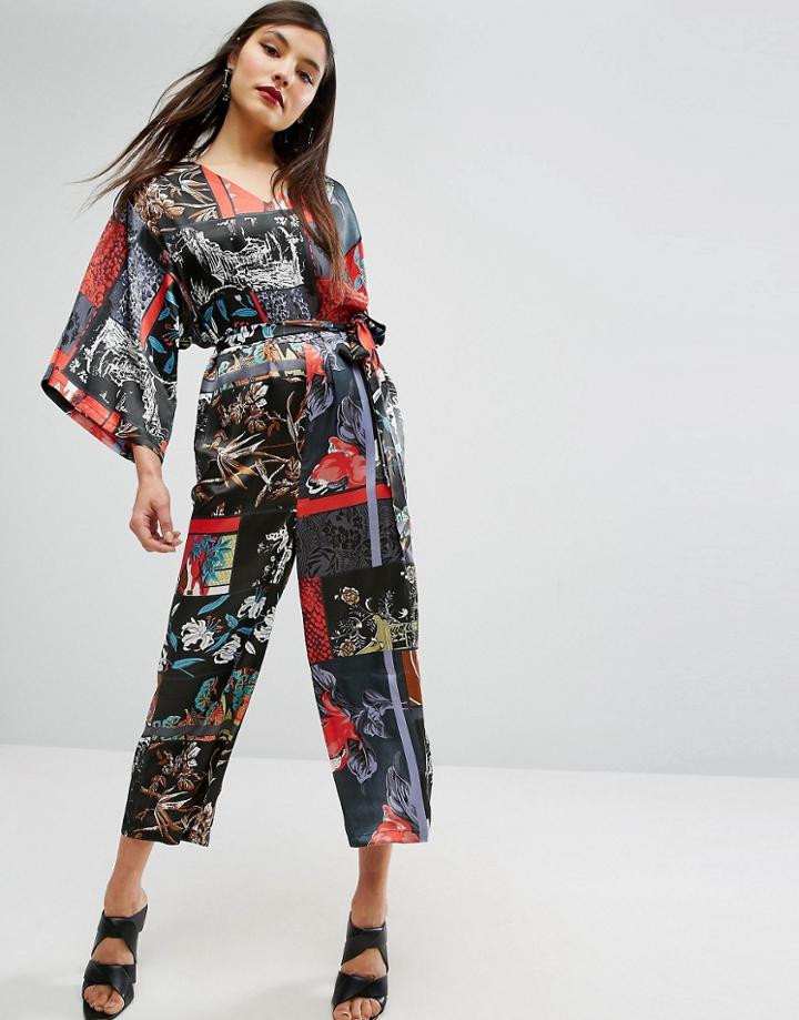 Asos Satin Jumpsuit With Kimono Sleeve In Print - Multi