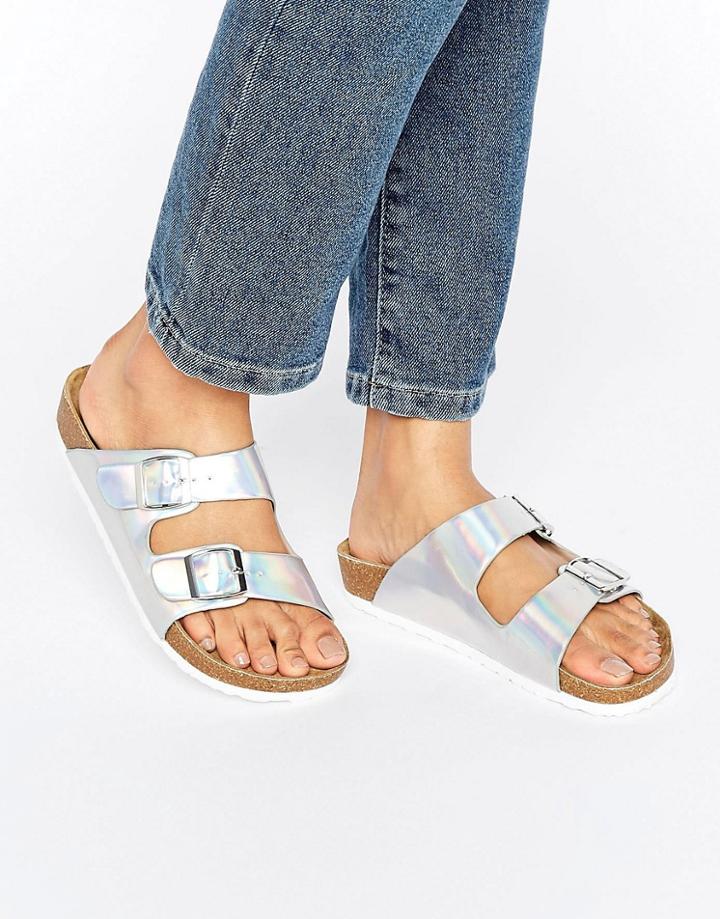 London Rebel Double Buckle Flat Sandal - Silver