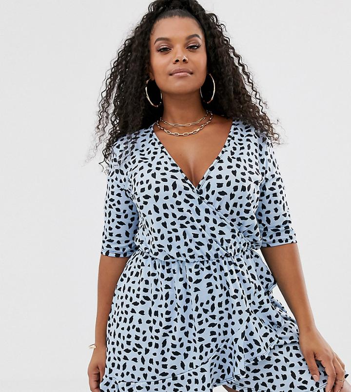Pink Clove Mini Wrap Dress With Ruffle Hem In Blue Spot
