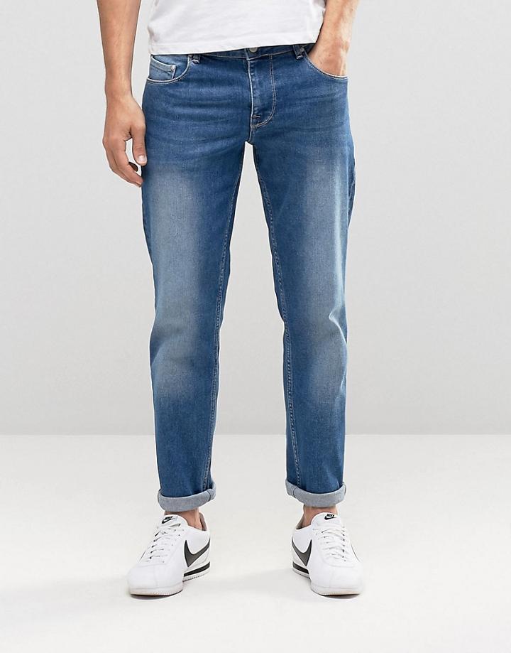 Asos Stretch Slim Jeans In Bright Blue Vintage Wash - Mid Blue