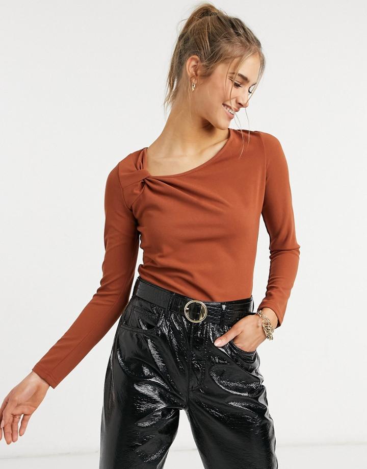 Fashion Union Long Sleeve Top With Twist Neck-orange