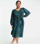 Yours Balloon Sleeve Wrap Dress In Green Animal Print