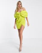 Asos Design Off Shoulder Fold Wrap Pleat Mini Dress In Chartreuse-green