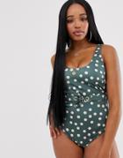 Asos Design Fuller Bust Belted Swimsuit In Khaki Spot Dd-g - Multi