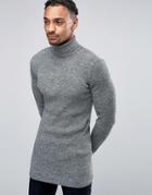 Asos Longline Muscle Fit Ribbed Roll Neck Sweater - Gray