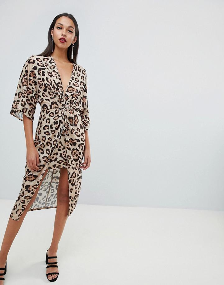 Asos Design Satin Kimono Midi Dress In Animal Print - Multi