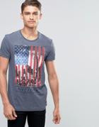Esprit Burnout Crew Neck T-shirt With Usa Flag Print - Navy