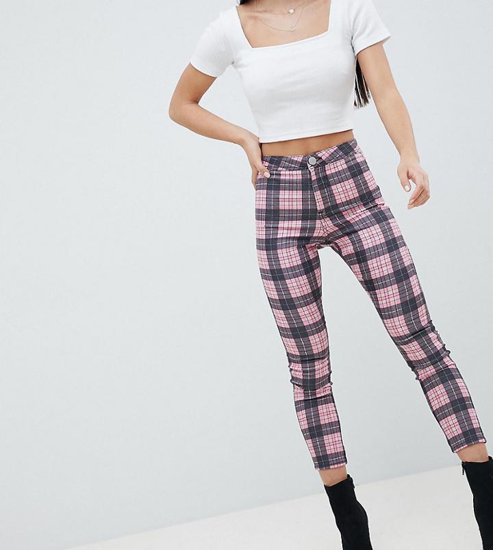 Asos Design Petite Rivington High Waist Denim Jeggings In Pink Check Print - Multi