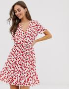 Asos Design Button Through Pep Hem Mini Dress In White Based Ditsy Floral Print - Multi