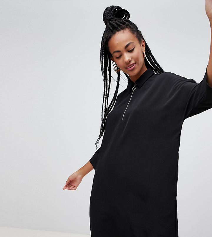 Monki Zip Neck Oversized Mini Dress In Black