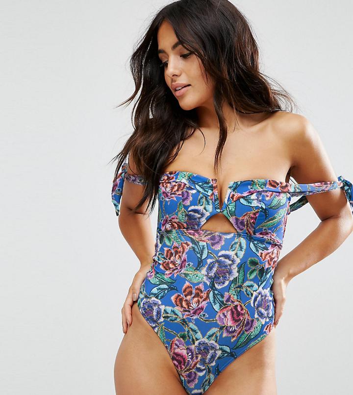 Asos Fuller Bust Exclusive Tapestry Floral Bardot Swimsuit Dd-g - Multi