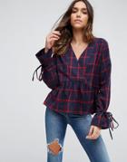 Asos Oversized Wrap Top With Dip Hem In Grid Check - Multi