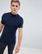 Asos Design Muscle Fit T-shirt With Turtleneck In Navy - Navy